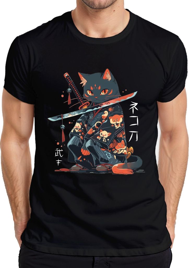 Samurai Katze Katana Kimono Kawaii Neko Japanisch Retro Manga Herren T-Shirt, Schwarz, L