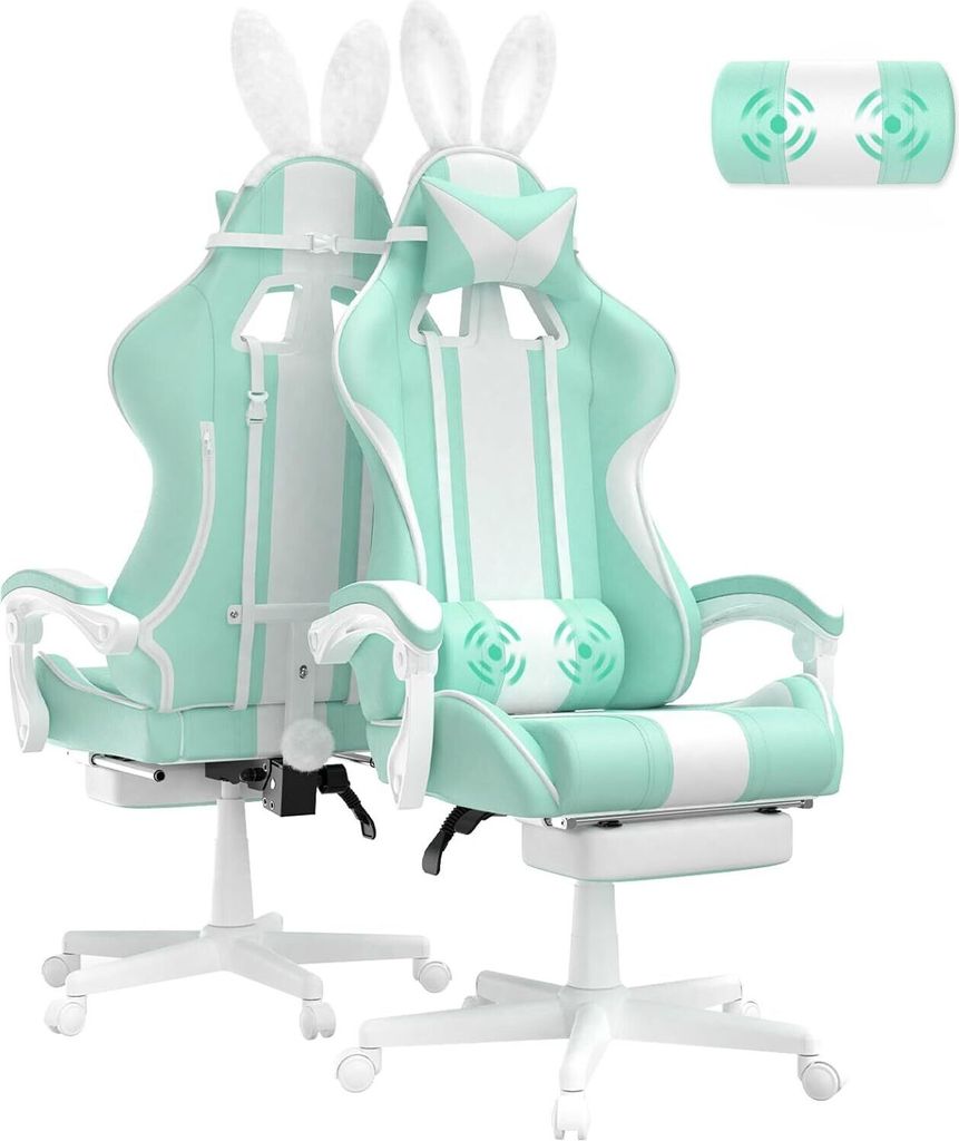 Gaming Stuhl Ergonomisch Gaming Sessel mit Fußstütze Gaming Chair mit Kopfstütze und Lendenkissen PC Stuhl Racing Computerstuhl Hasenohren Mintg...