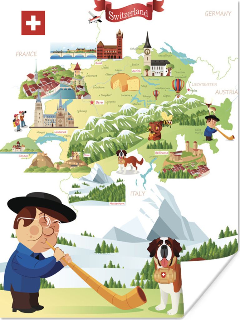 MuchoWow Poster Karte der Schweiz mit Illustrationen 120x160 cm - Wandbilder