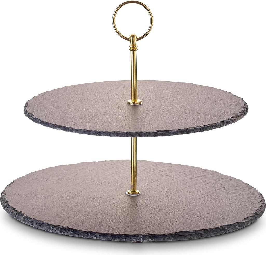Etagère/Servierplatte aus natürlichem Schiefer mit 2 Ebenen und Metallgriff Gold-Edition Ø Schieferplatten ca. 25/30 cm - für Gebäck, Obst, K...