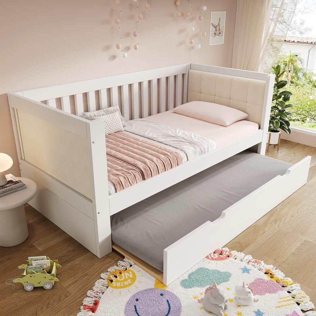 Tagesbett mit Ausziehbet und abgerundeten Armlehnen, Holzrahmen, komfortable Rückenlehne, ideal für kleine Wohnungen, einfache Montage, Weiß,90x...