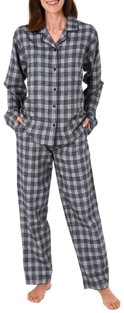 Damen Flanell Pyjama Schlafanzug langarm kariert auch in Übergrößen 281 201 95 991 ; grau , 48