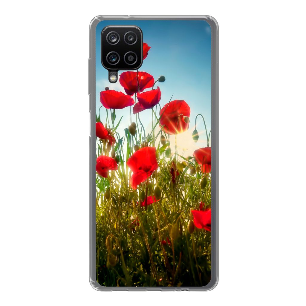 MuchoWow Handyhülle Schutzhülle Hülle für Samsung Galaxy A12 Mohnblumen - Toskana - Sonne - Rot - Blau Silikon Softcase Handy Hülle - Bild