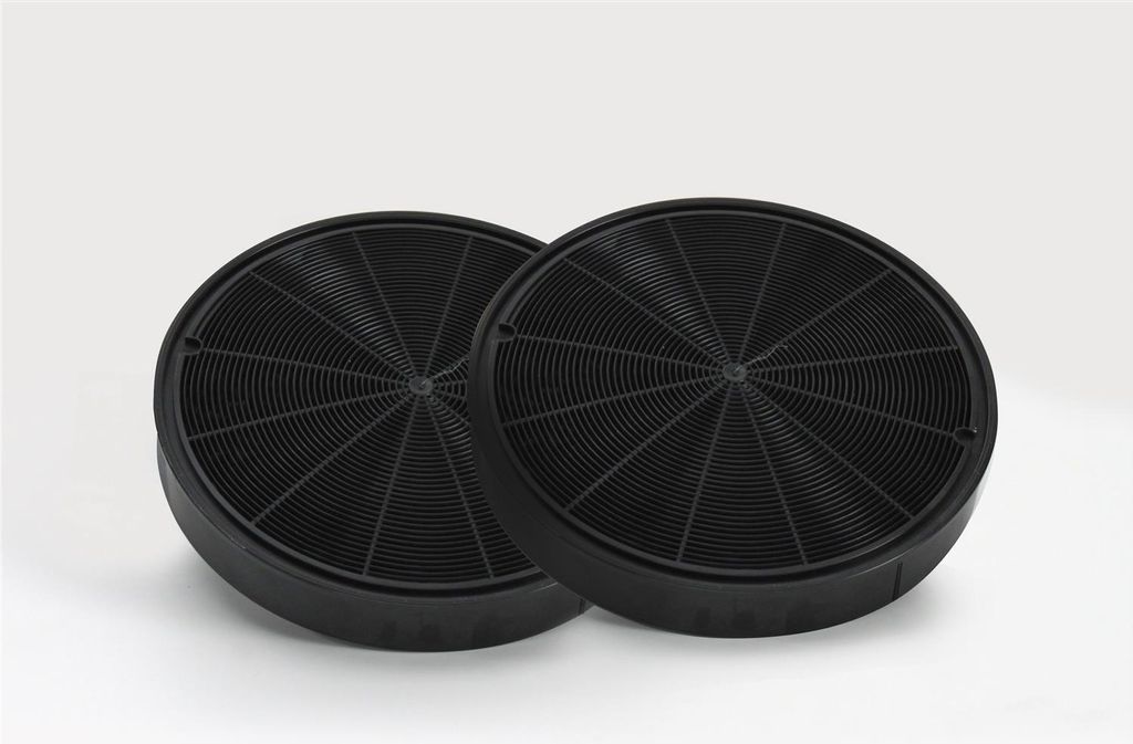 Two black charcoal filters for a range hood are placed side-by-side on a white background.