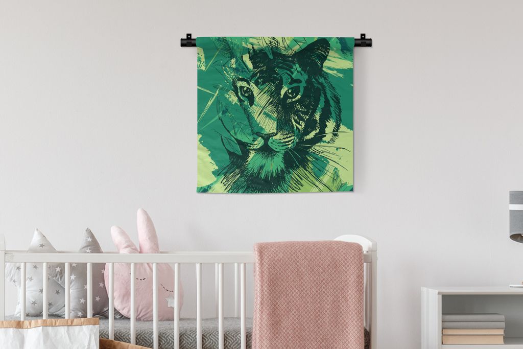 MuchoWow Wandteppich Wandbehang Tiger - Kopf - Grün 60x60 cm Tapisserie Dekoration Wandtuch - Dekorationen - Wand Decke