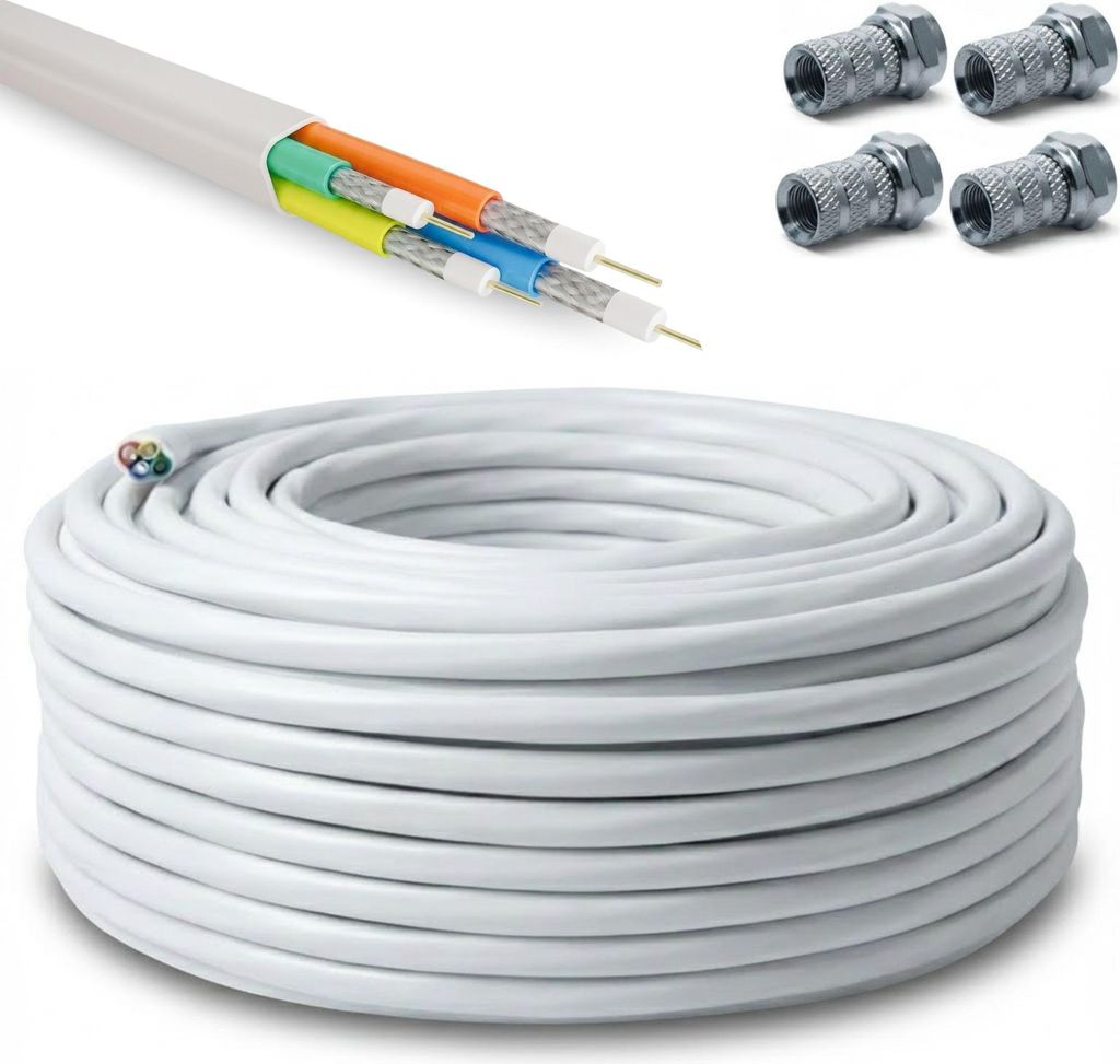 PremiumX 50m Basic Quattro Quad Koaxial SAT Kabel 90dB Weiß 24x F-Stecker