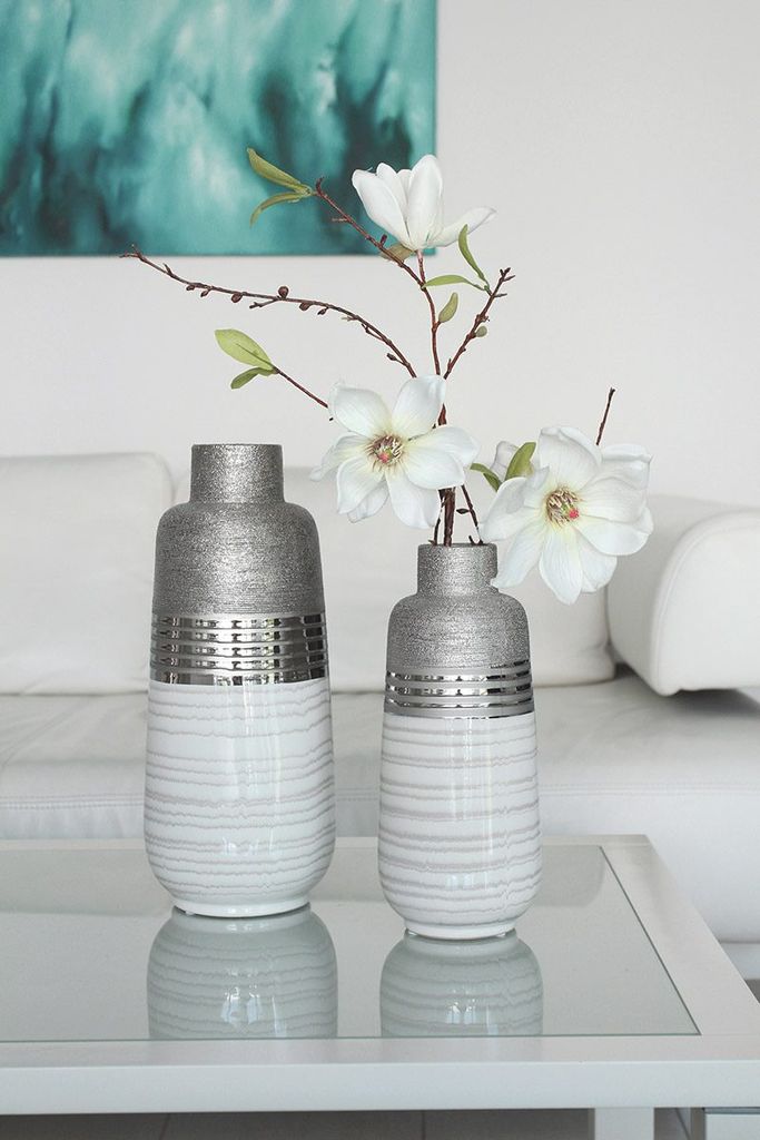 Gilde Flaschenvase "Lavena" silber/weiß/hellgrau H: 31 cm B: 13 cm Tiefe: 13 cm 47221