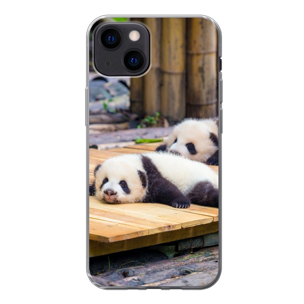 MuchoWow Handyhülle Schutzhülle Hülle für iPhone 13 mini Pandas - Boden - Holz Silikon Softcase Handy Hülle - Softcase