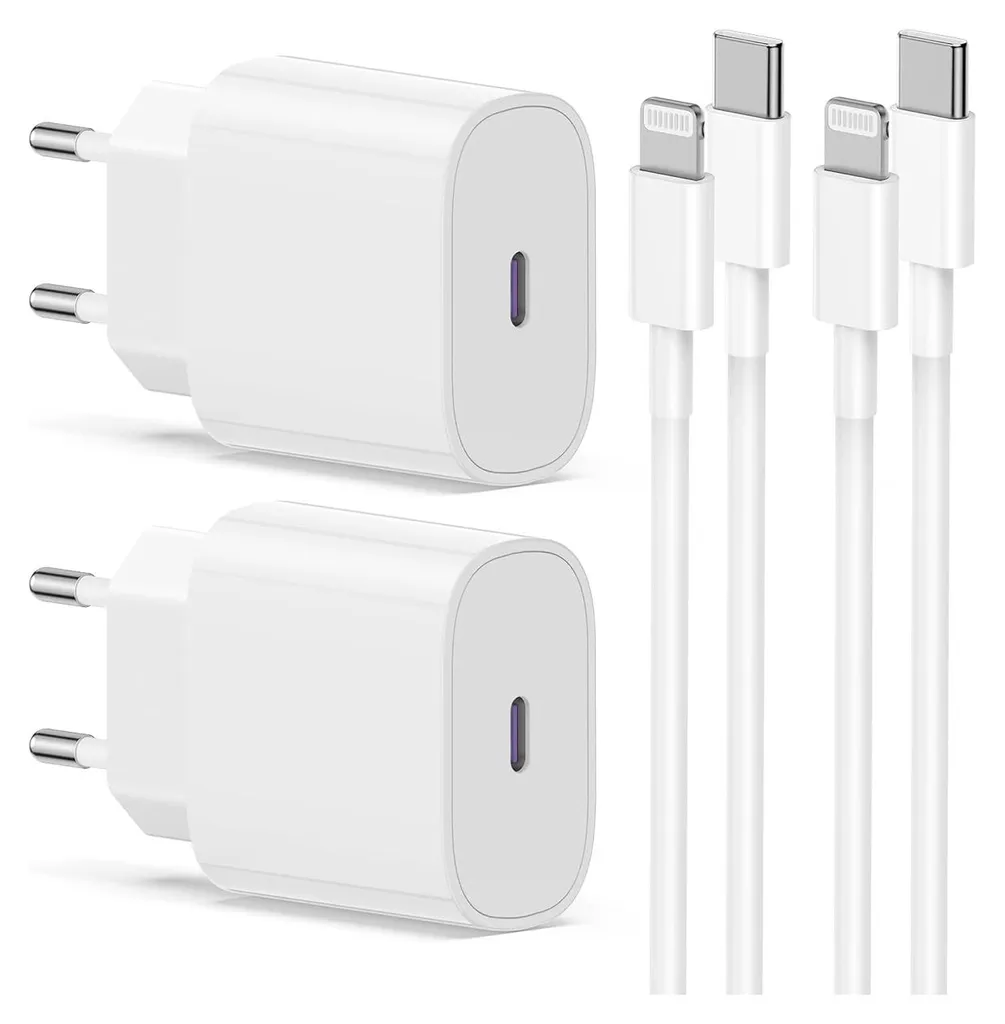 Chargeur iPhone 20W rapide USB-C avec câble 1m lot de 2 blanc durable