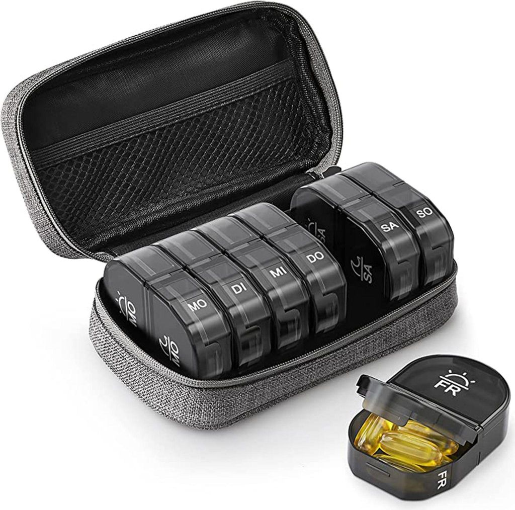 Tablettenbox 7 Tage Morgens Abends, Medikamentenbox, 2 Fächer mit tragbarer Stofftasche mit Reißverschluss