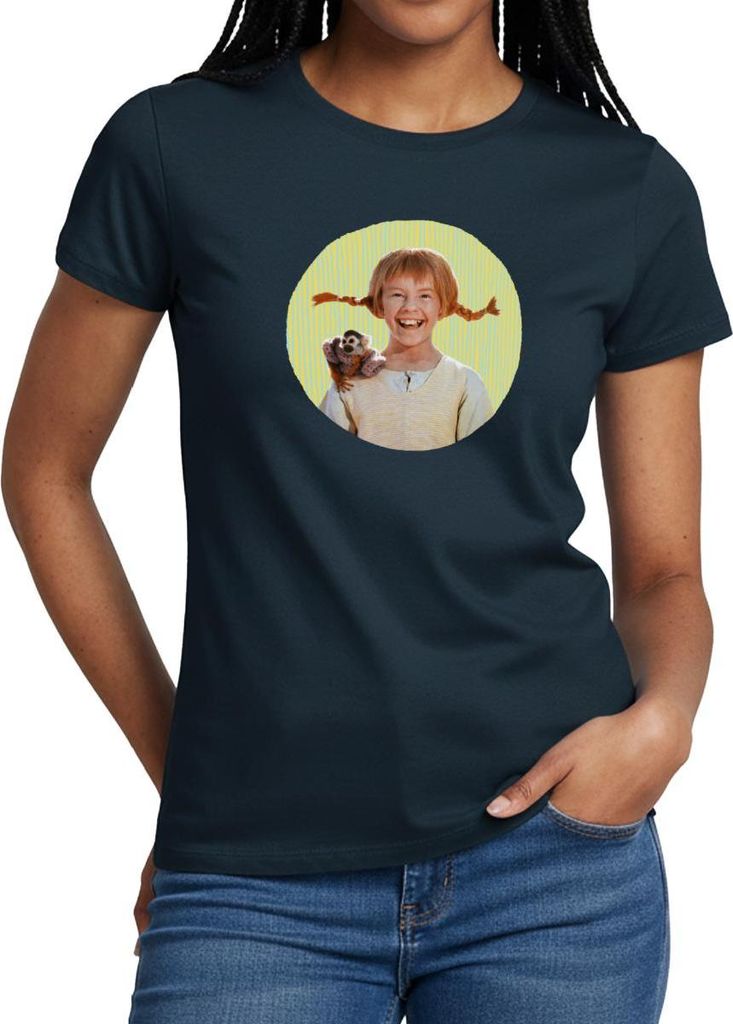 Spreadshirt Pippi Langstrumpf Mit Herr Nilsson Portrait Frauen T-Shirt, XL, Navy