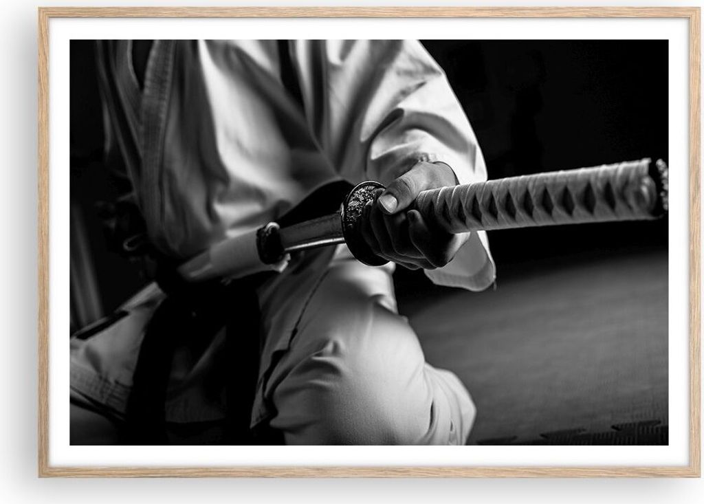 Gerahmtes Poster - Rahmen in heller Eiche - Samurai-Schwert - 100x70 cm - Wand Bild - Wanddeko - Wandbilder - Wandposter - Bilderrahmen - Bilder - ...