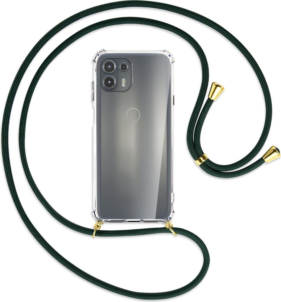 Handykette Backcover-Schutzhülle mit Band (Metall goldfarben) für Motorola Edge 20 Lite (XT2153-1) - dunkelgrün