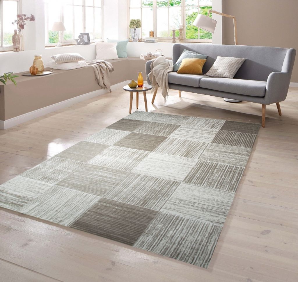 Designer Teppich mit Karomuster in Beige Creme Größe - 80 x 150 cm