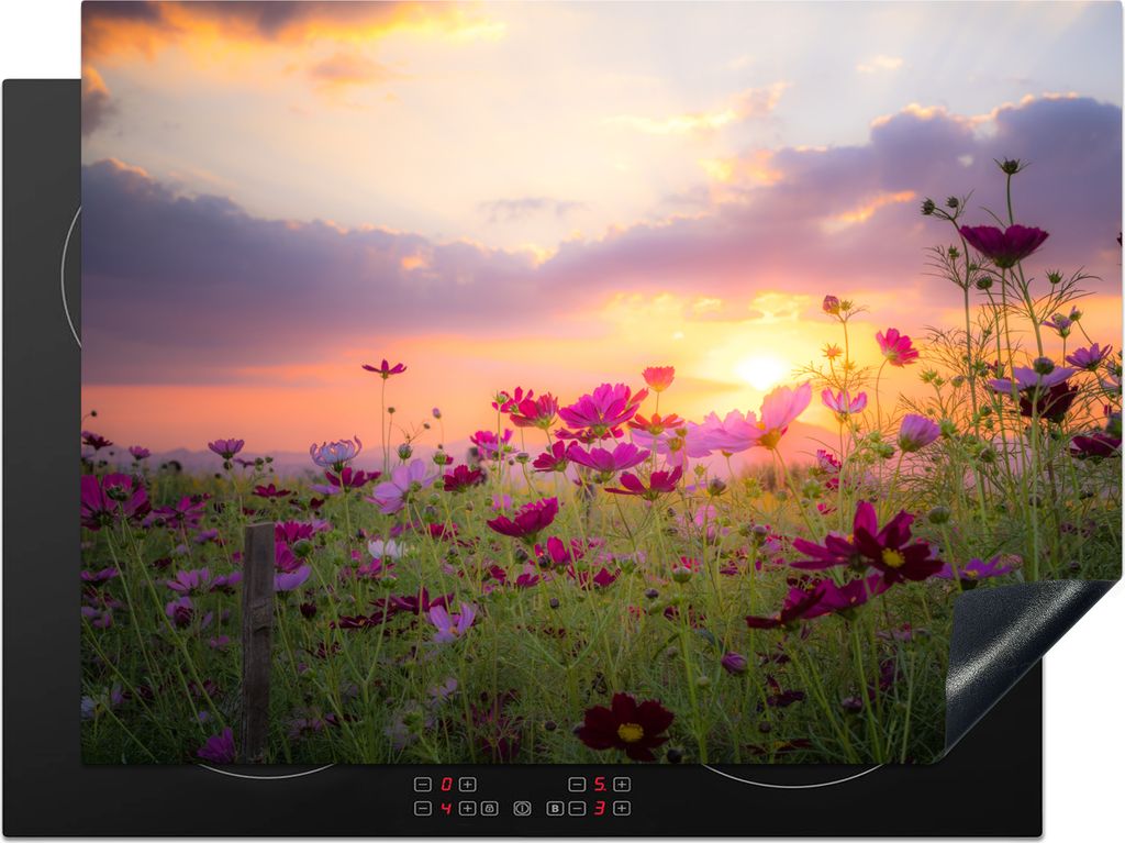 KitchenYeah Herdabdeckplatte Sonnenuntergang - Blumen - Rosa - Natur - Grün , 70x52cm, Küche Deko, Glaskeramikkochfeld Herdabdeckung, Abdeckpla...