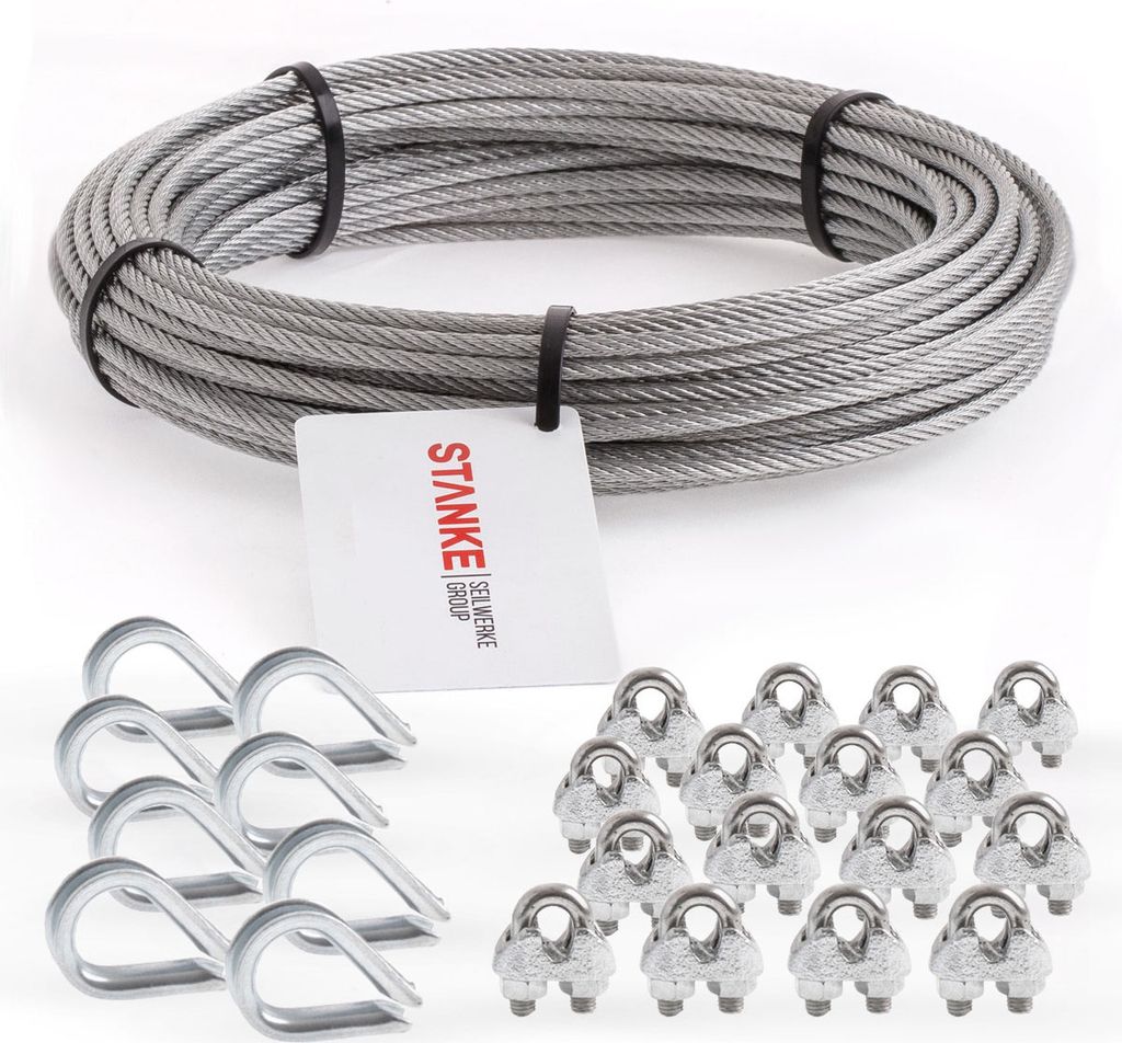 Seilwerk STANKE Rankhilfe Drahtseil verzinkt 20m Stahlseil 4mm 6x7, 8x Kausche, 16x Bügelformklemme - SET 3