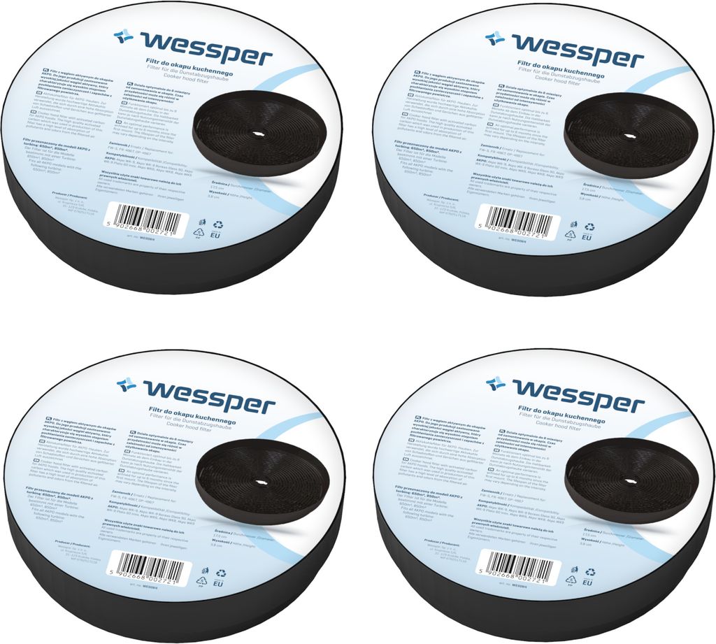 Four round packaging units of Wessper activated carbon filters are arranged in a 2x2 grid.