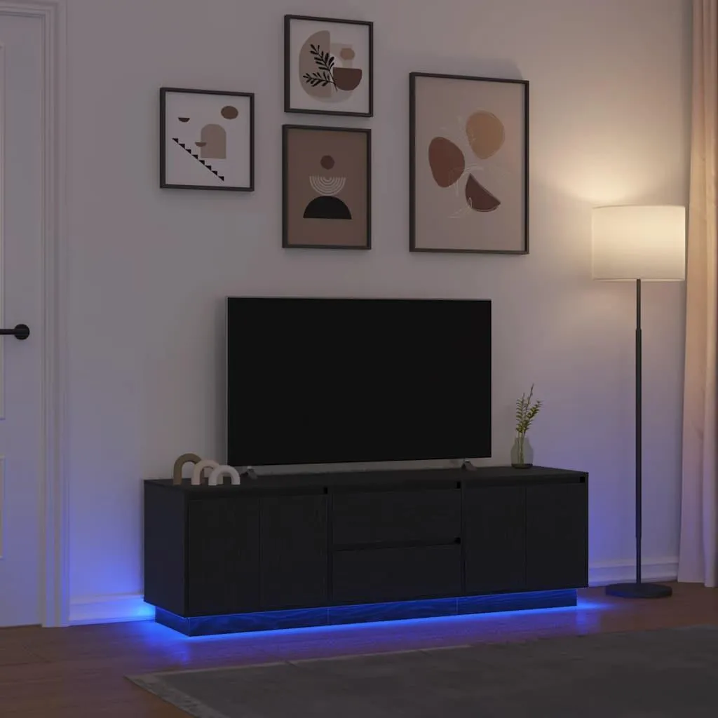 Banc TV moderne avec éclairage LED intégré coloris chêne noir 160 cm