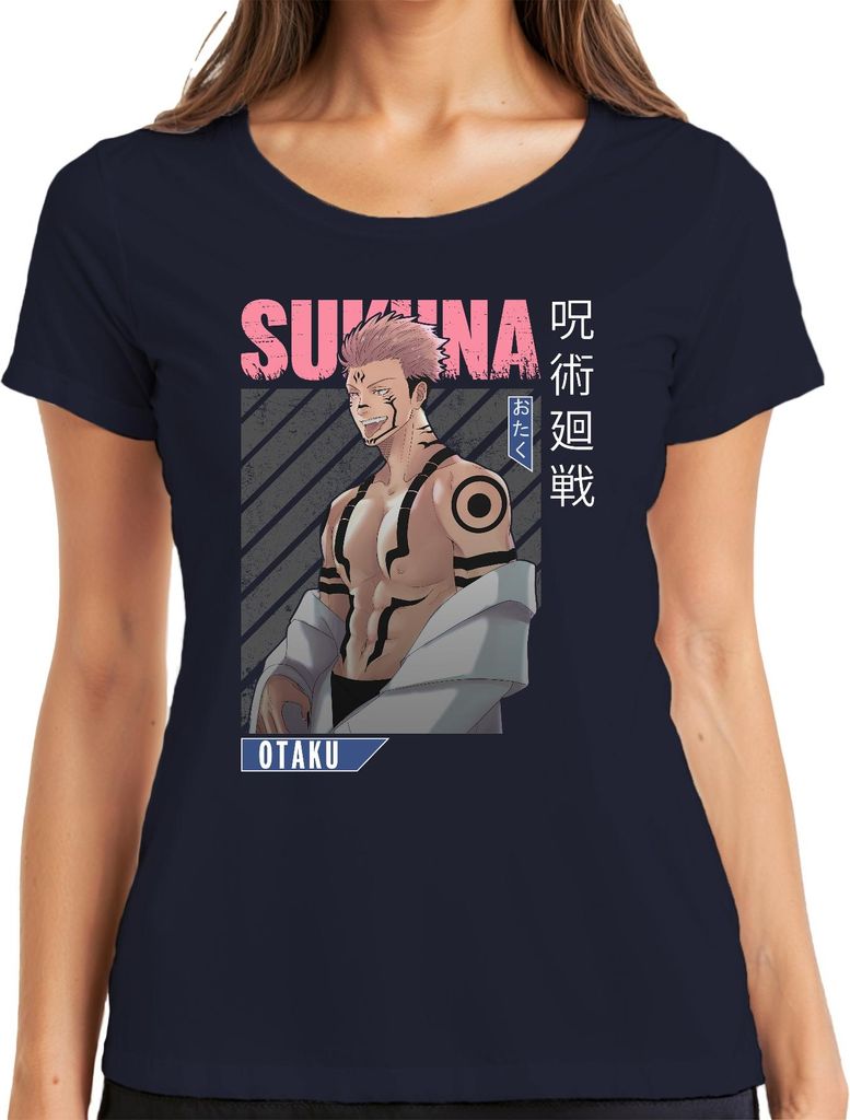 Sukuna Jujutsu Kaisen Otaku Anime Ästhetik Dämon Geschenk Vintage Damen T-Shirt, Navy, XXL