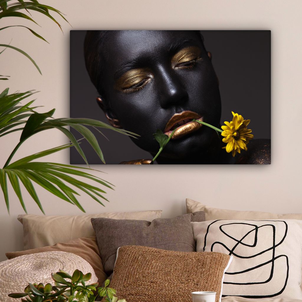 OneMillionCanvasses - Leinwandbilder - 150x100 cm, Frau - Kupfer - Schwarz - Blume, Wandbilder Kunstdruck Wanddekoration