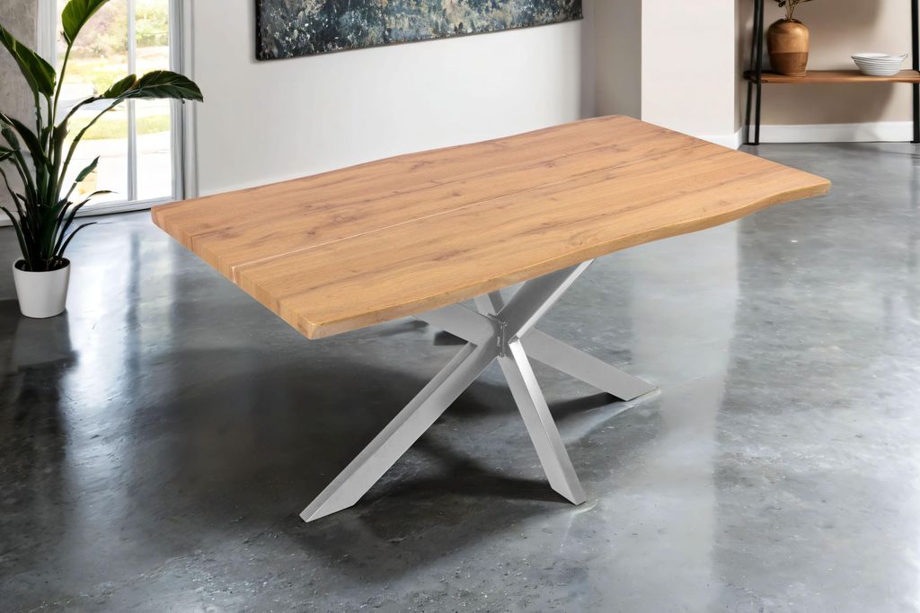 Esstisch 160x85 cm Baumkante Holz Wildeiche-Optik Spider-Gestell Metall silber DUA