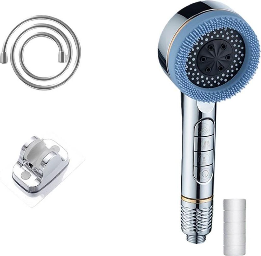 INF 5‐Modi Druckverstärkende Duschbrause Handbrause mit Silikonmassagebürste 1 5m Schlauch Silber + Blau
