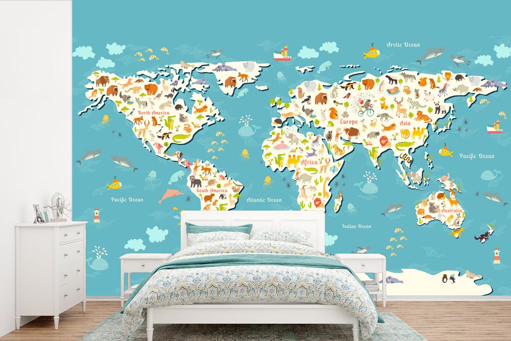 MuchoWow Fototapete für Wohnzimmer oder Schlafzimmer Wandtapete Vinyl Motivtapete Weltkarte - Kinder - Tiere - Kinder - Jungen - Mädchen - 390x...