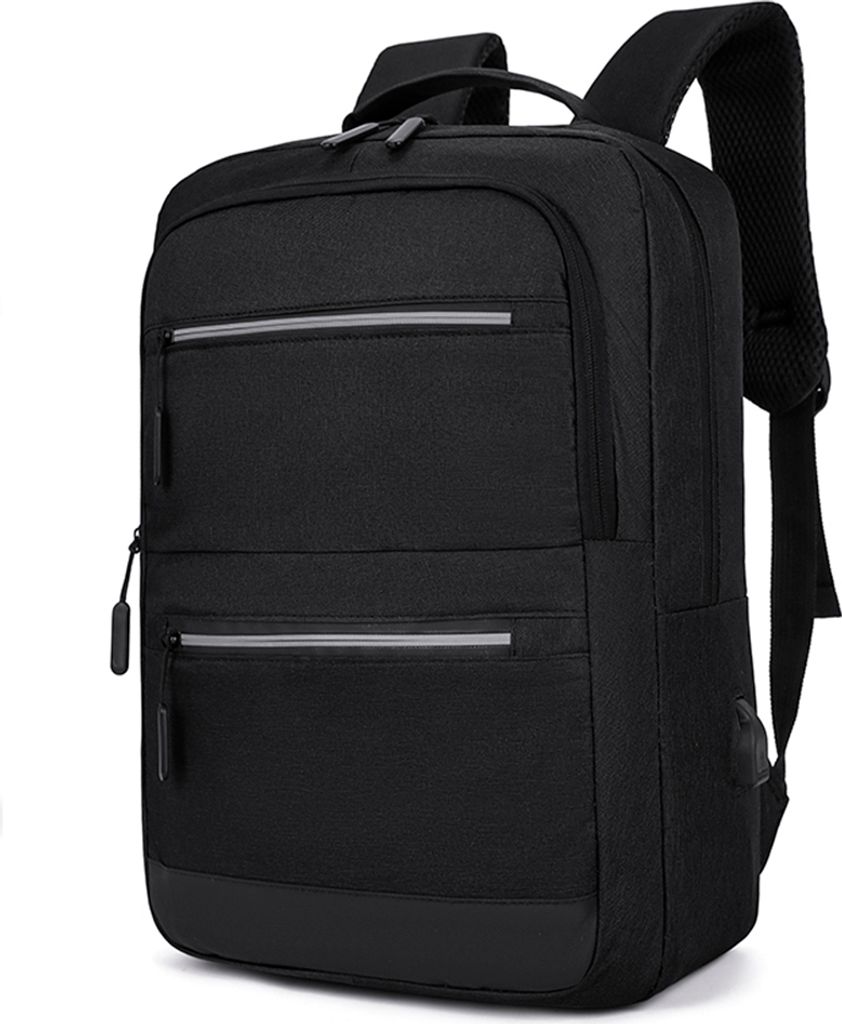 15,6-Zoll-Laptop- und Tablet-Rucksack, mehrere Taschen, reflektierendes Streifendesign, USB-Ladeanschluss, schwarz