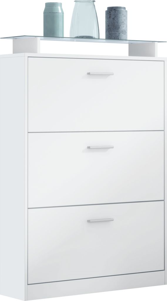 Vladon Schuhschrank Lavia, Germany, Schuhkipper für 24 Paar Schuhe mit 3 Klappen und Glasablage, Weiß matt/Weiß matt (89 x 128 x 23 cm)