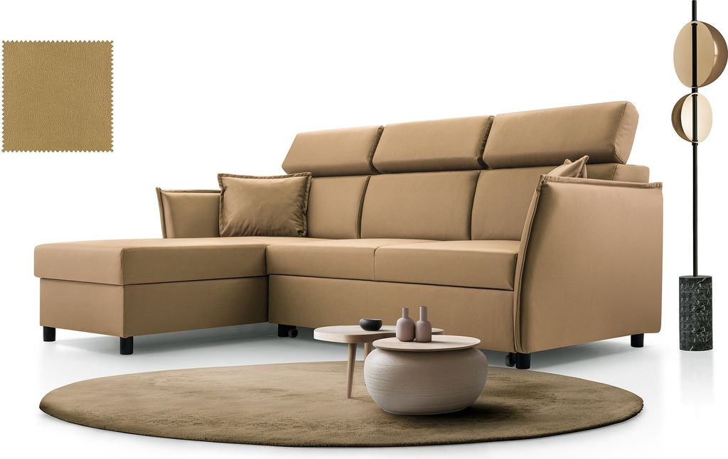 BETTSO Elegantes beiges MONROE Ecksofa mit verstellbaren Kopfstützen und Schlaffunktion Links