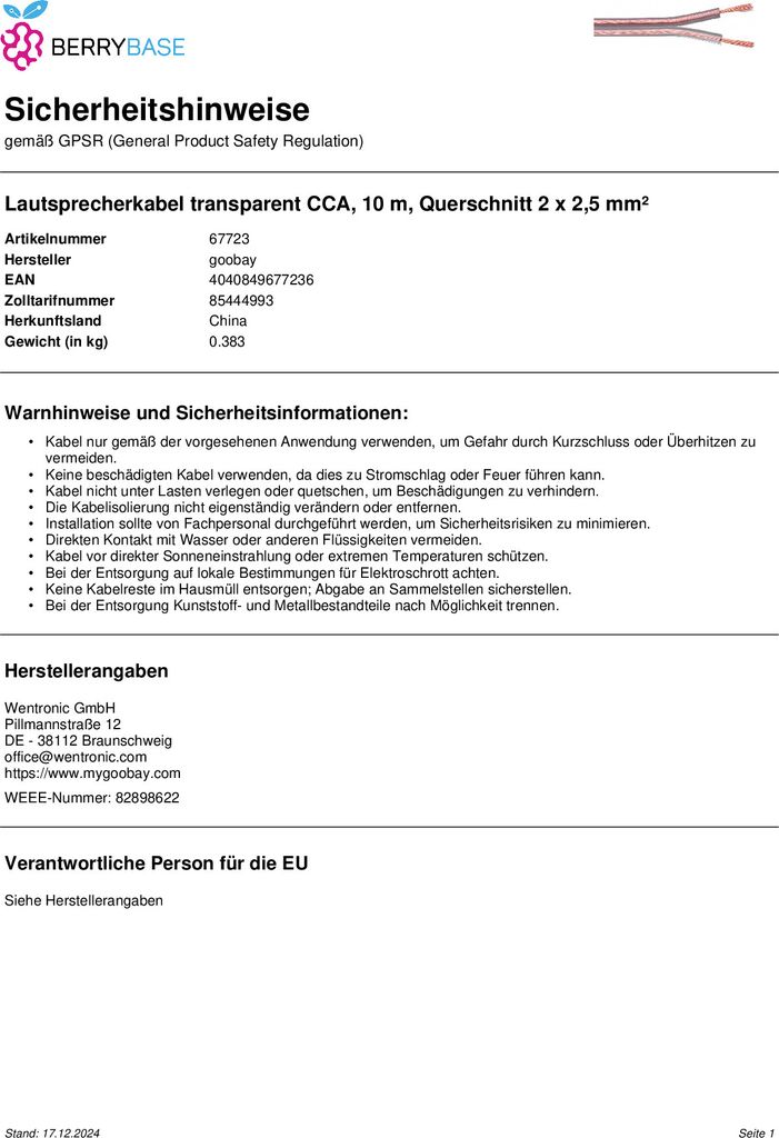 Lautsprecherkabel 10m-Ring, 2x2,5mm, transparent Produktbild 10