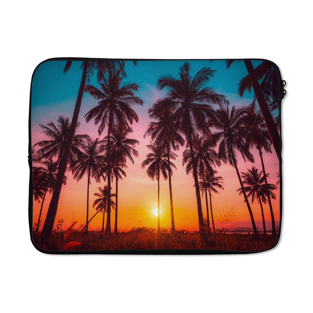 MuchoWow Laptop Hülle 15 Zoll Palme - Sonnenuntergang - Horizont - Strand - Orange - Rosa Laptoptasche - Laptoptasche - Sleeve - Rundum-Schutz