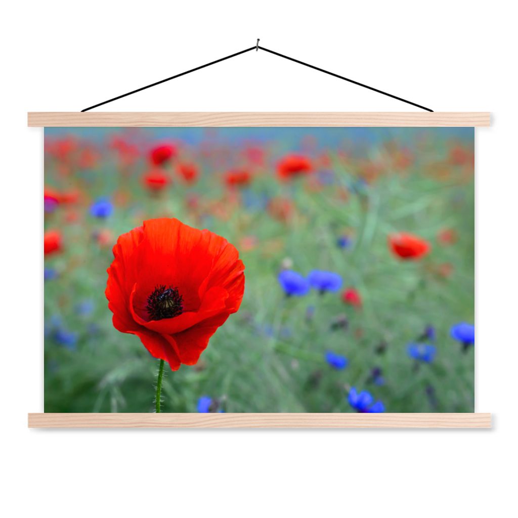 MuchoWow Textilposter Lila und rote Mohnblumen auf einer Wiese 120x80 cm mit holzfarbenen Rahmen - Aufhängeset