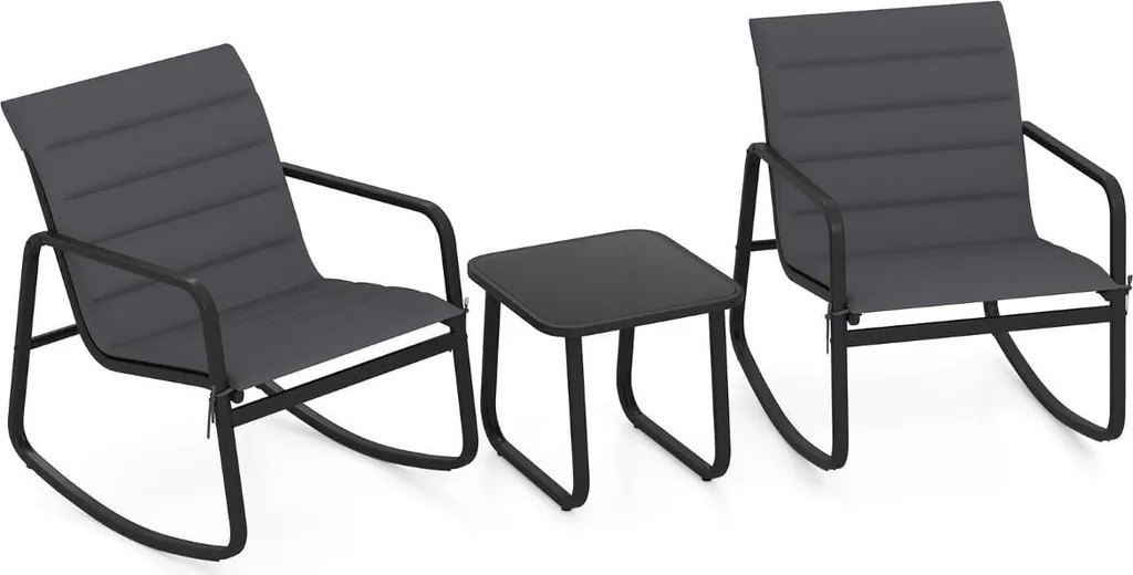 Salon Bistro Gris Acier avec Chaises Oscillantes et Plateau en Verre