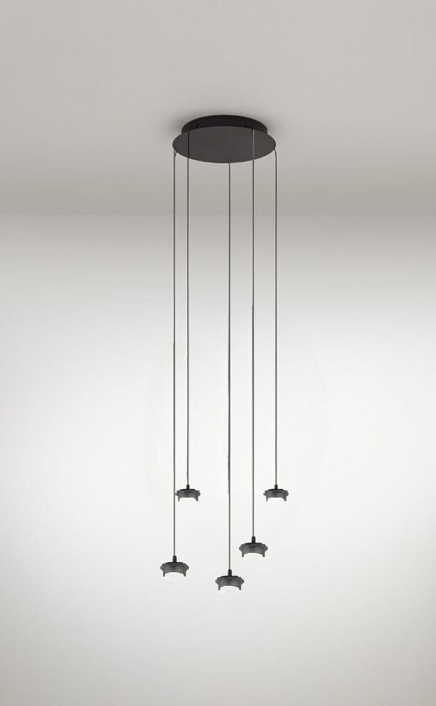 5-flammige LED-Pendelleuchte aus mattschwarzem Aluminium und Metall, modernes rundes Design, 25 W, 3000 K, elegantes warmes Licht - Perenz