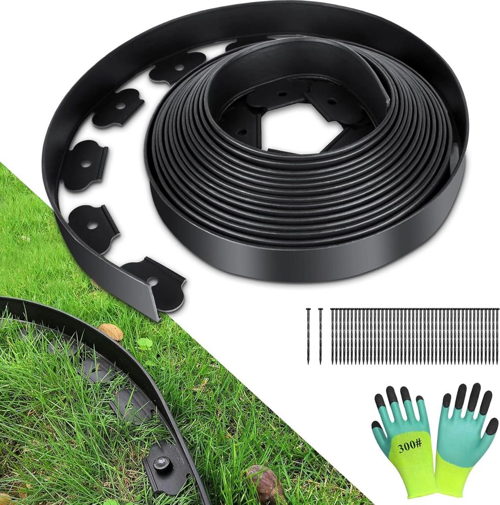 Flexibel PE-Kunststoff-Gazonränder schwarz 10m lang 5cm hoch mit Bodenankern - 60 Stück & Handschuhe - Garten Rasen Beton Stein Kies