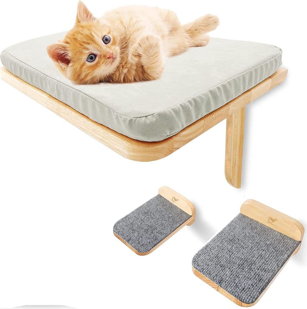3tlg Katzen Kletterwand Set Katzentreppe Wand Wandkratzbaum Katzenliege Massivholz 40x30x25cm