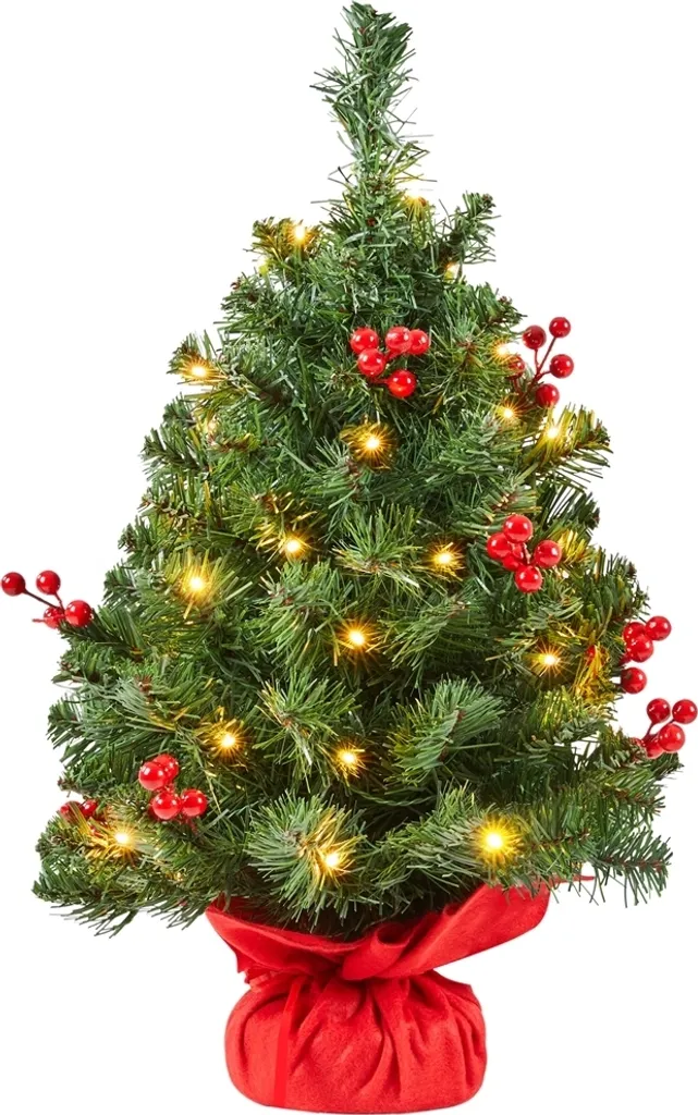 Petit arbre de Noël de table 60cm vert décoré LED et baies rouges