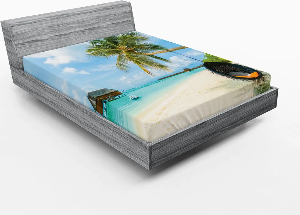 ABAKUHAUS Lenzuolo con angoli Ocean, spiaggia esotica alle Maldive con acqua cristallina e palme sulla sabbia tropicale, 180 x 200 cm, multicolore