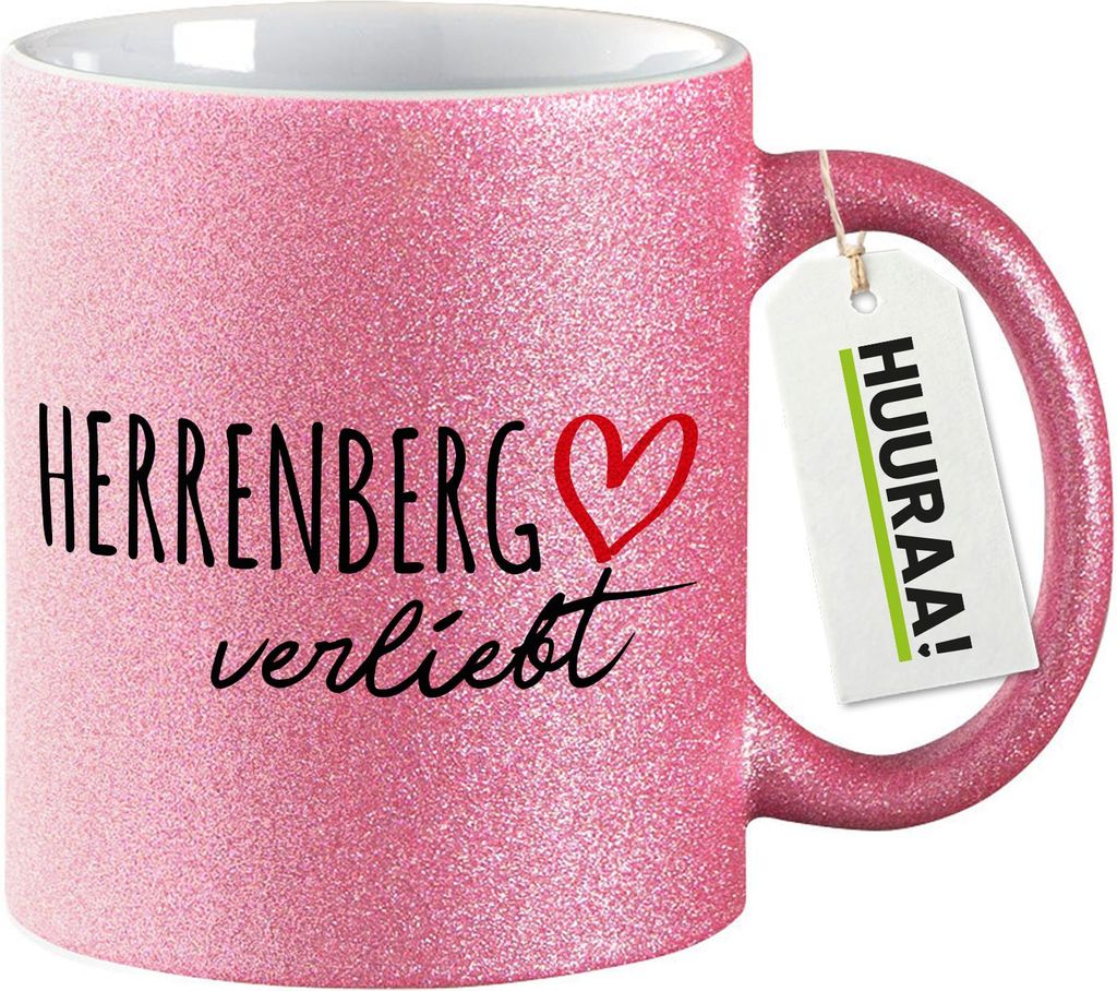 Huuraa Glitzertasse Herrenberg verliebt 330ml Pink Keramik Kaffeebecher Geschenkidee