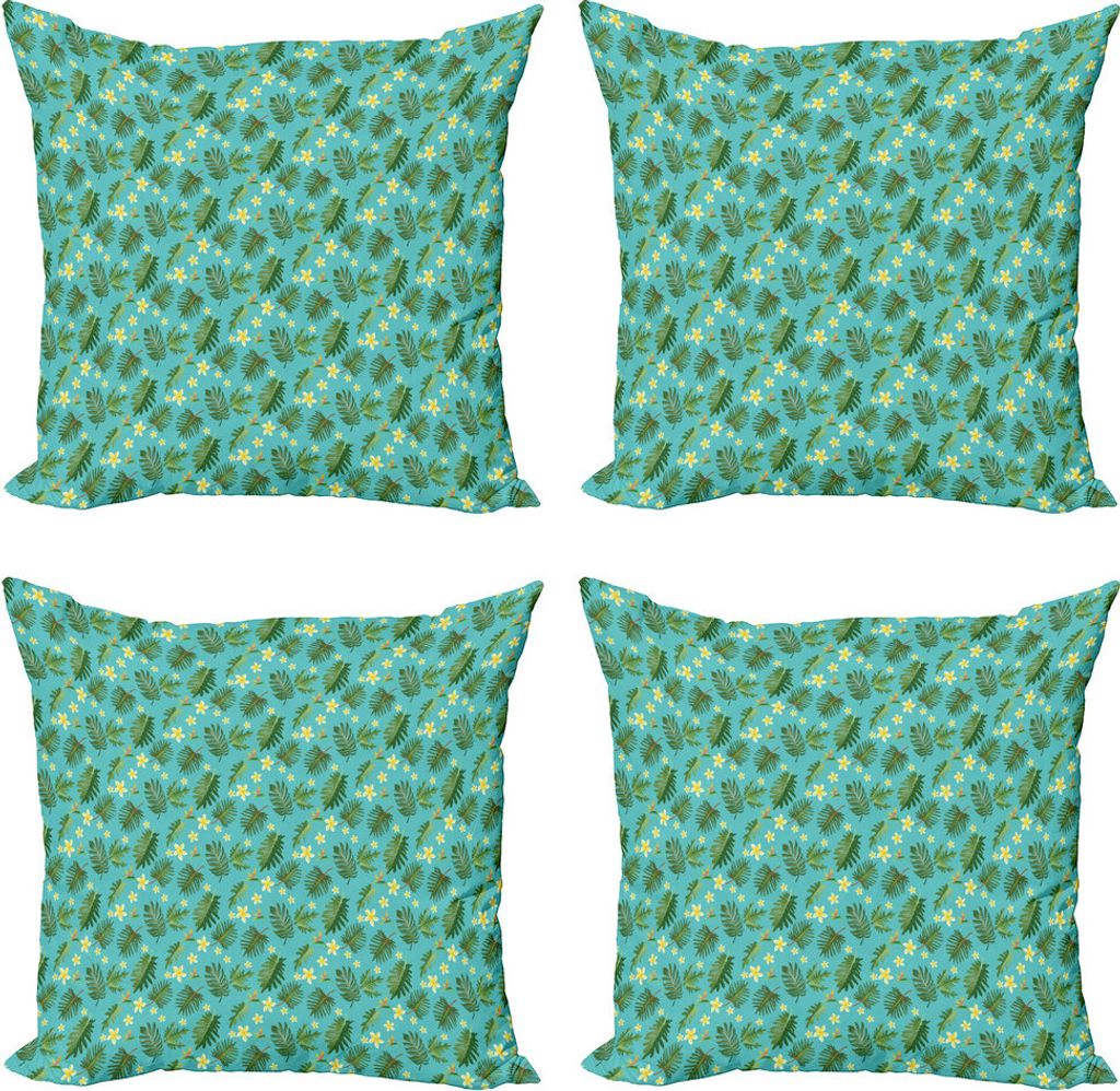 ABAKUHAUS Tropisch Kissenbezug Set (4 Stück), Leafage Hibiscus-Blüte, Moderner Doppelseitiger Digitaldruck, 40 cm x 40 cm, Forest Green Turquoise