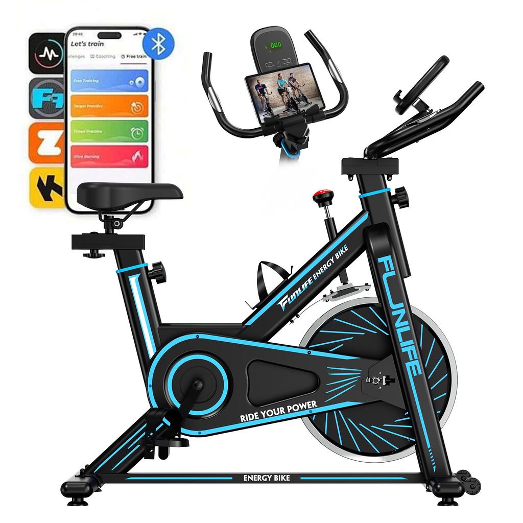 FunLife C1 Heimtrainer – Smart Indoor Bike mit Bluetooth & App-Training, leiser Riemenantrieb, stufenloser Widerstand, bis 120 kg, Neon-Blau