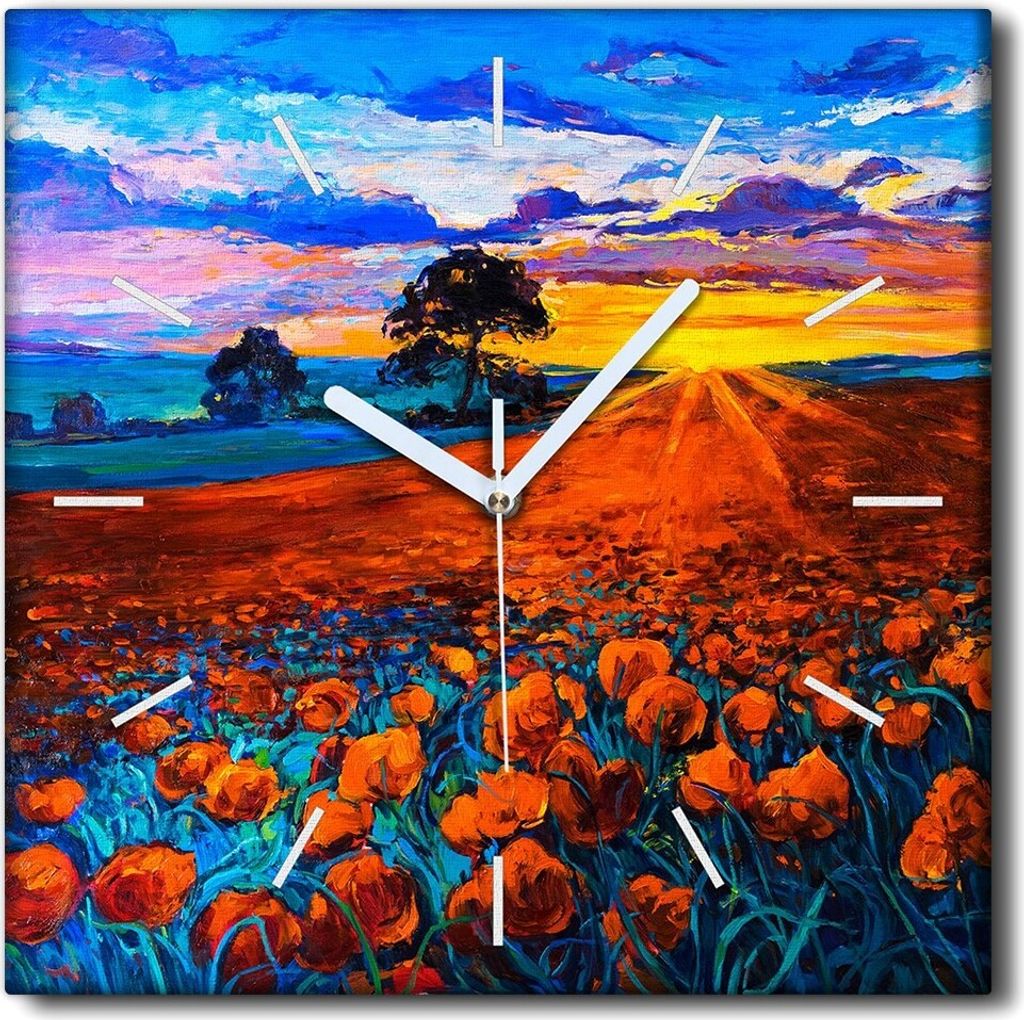 Coloray Uhr auf Leinwand 30x30 cm Wand Uhr Dekoration Wohnzimmer Segeltuch weiße Zeiger -Wiesenbaumlandschaft.