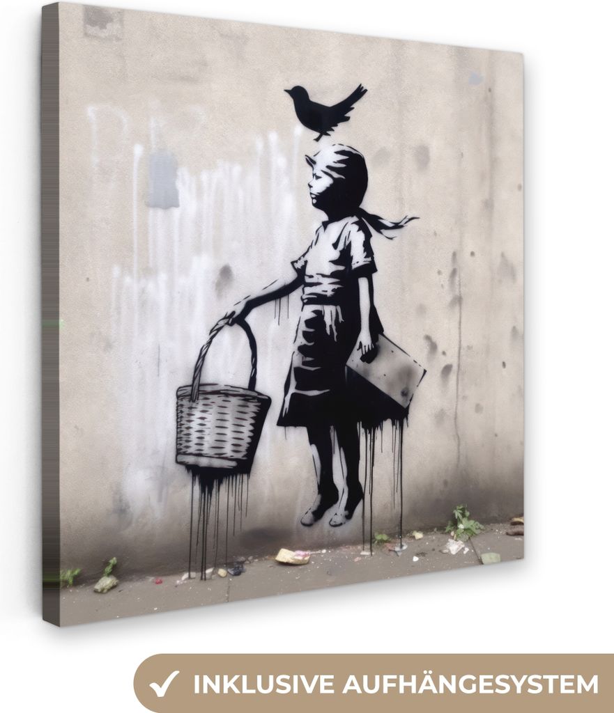 MuchoWow - Leinwandbilder - Graffiti - Mädchen - Vogel - Straßenkunst - Banksy-Stil, Wandbild, Wanddeko Bilder Wohnzimmer, 50x50 cm