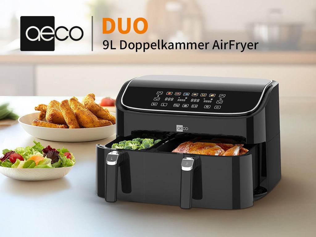 aeco DUO Doppelkammer AirFryer 9 L (3l & 6l, Heißluftfritteuse mit Touch-Display & Dehydrierungsfunktion, 2850W, 80°-200°, 6 Programme, + Rezept...