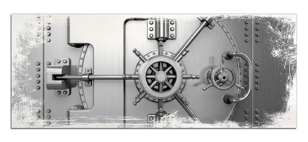 Wallario Kunstdrucke Wandbilder Holz in : Brillante Farben, Größe 50 x 125 cm Motiv Tresortür mit Öffnungsmechanismus