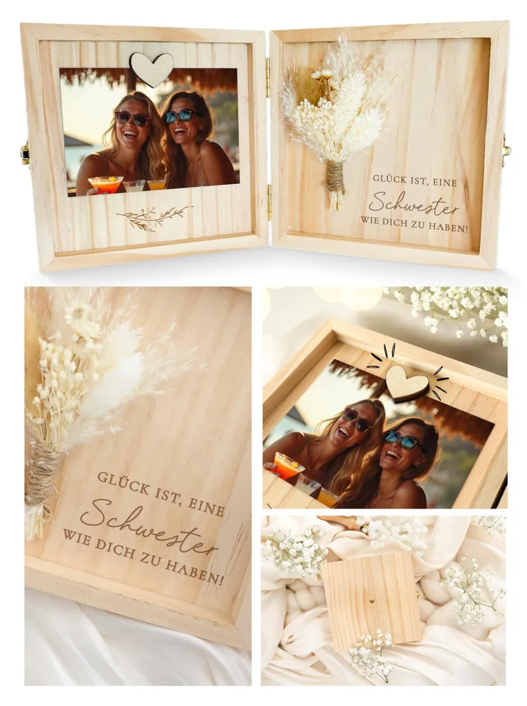 Boîte cadeau en bois pour sœur - Coffret souvenir gravé 14x14x14 cm