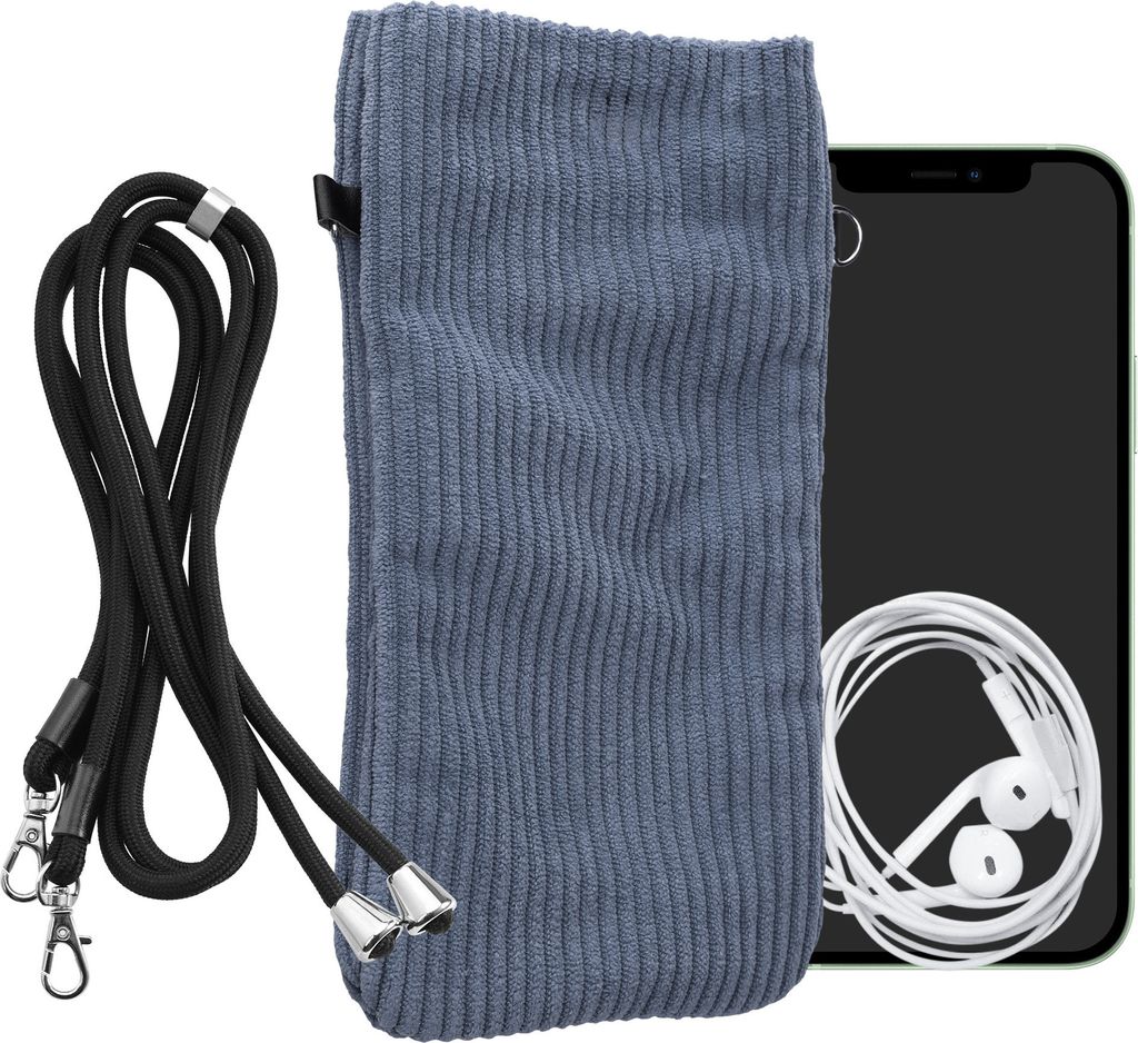 kwmobile Handytasche für Smartphones XXL - 7" Handy Tasche - Cord Handy Hülle Vintage Blue mit Kordel - Tasche mit Handykette 17,7 x 9 cm Innenmaße