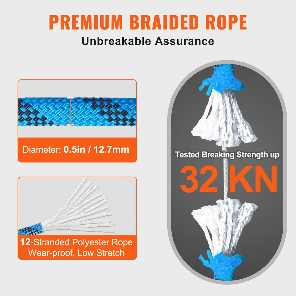 Corde d'Escalade Extérieure 32 kN Résistante en Polyester 12,7 mm Bleu