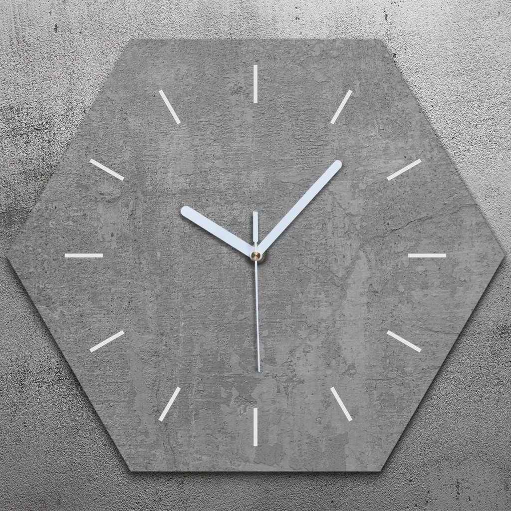 Uhr hexagonal 40 cm Glas Geräuschlos weiße Zeiger - Beton Zement Textur